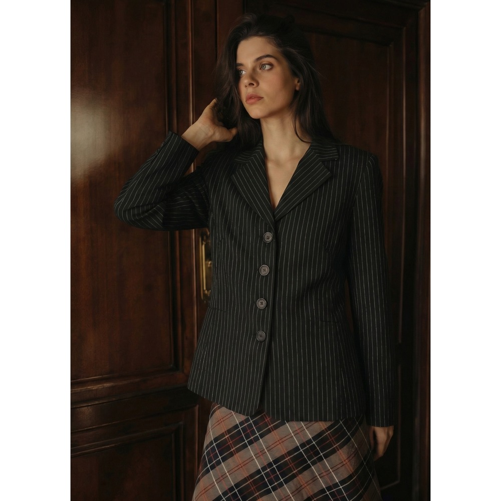 Anna Women's Pinstripe Blazer Jacket L Made in USA 4 Button Polyester Stretch